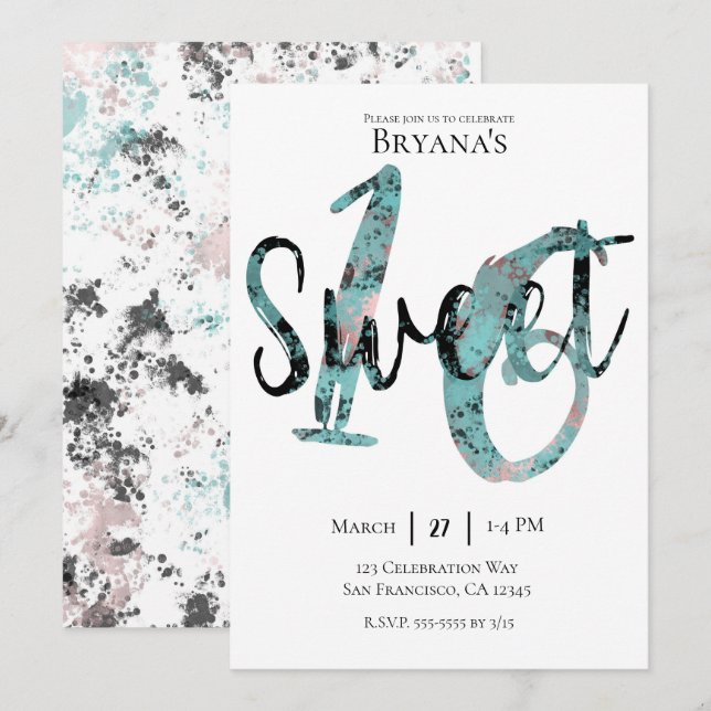 Invitación Dulces 16 Cumpleaños Fiesta Rosa Oro Rosa Azul Mar (Anverso / Reverso)