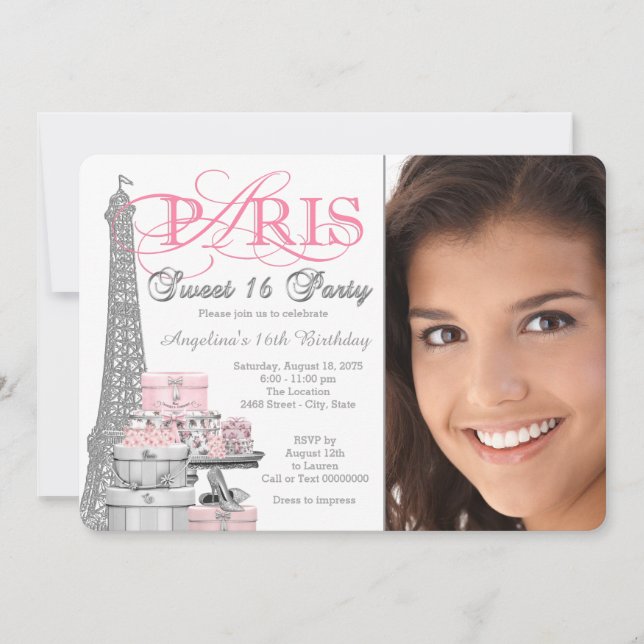 Invitación Dulces 16 Cumpleaños Fiesta Rosa y Gris de París (Anverso)