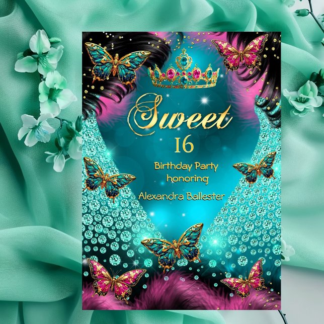 Invitación Dulces 16 cumpleaños Fiesta Teal Mariposas rosadas (Subido por el creador)