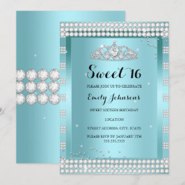 Invitación Dulces 16 Cumpleaños Fiesta Tiara Azul Teal Brilla