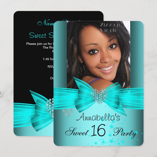 Invitación Dulces 16 Cumpleaños Foto de Diamante Azul Turques (Anverso / Reverso)