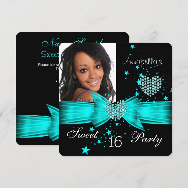 Invitación Dulces 16 Cumpleaños Foto de Diamante Azul Turques (Anverso / Reverso)