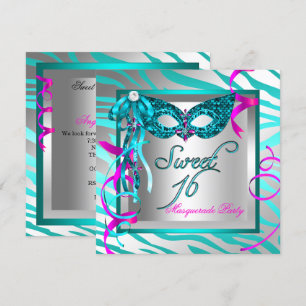 Invitación Dulces 16 Cumpleaños Máscara Azul Cebra