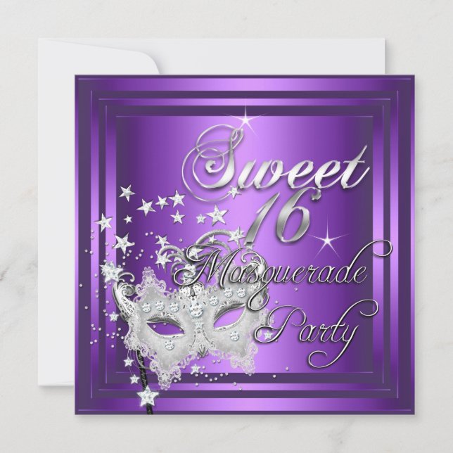 Invitación Dulces 16 Cumpleaños Máscara Purpura Blanco (Anverso)