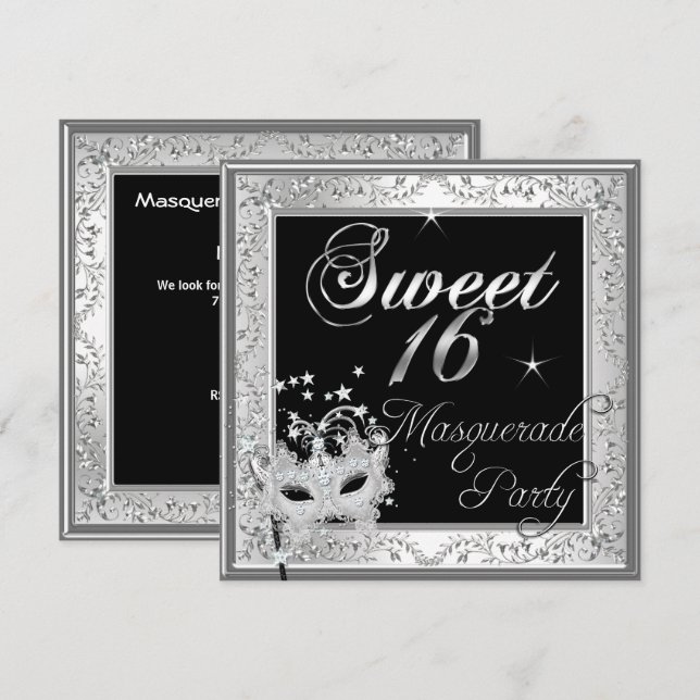 Invitación Dulces 16 Cumpleaños Mascarada Negro Blanco (Anverso / Reverso)