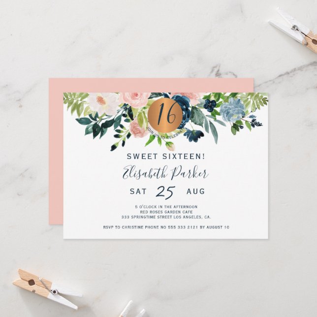 Invitación Dulces 16 cumpleaños modernos con flores de acuare (Anverso/Reverso In Situ)