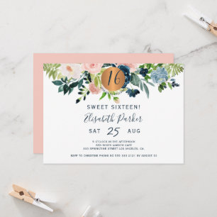 Invitación Dulces 16 cumpleaños modernos con flores de acuare