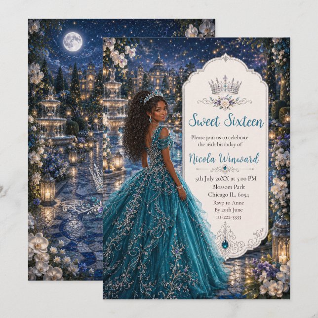 Invitación Dulces 16 Cumpleaños Princesa Baile Azul Turquesa (Anverso / Reverso)