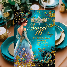 Invitación Dulces 16 cumpleaños vestido azul turquesa y dorad