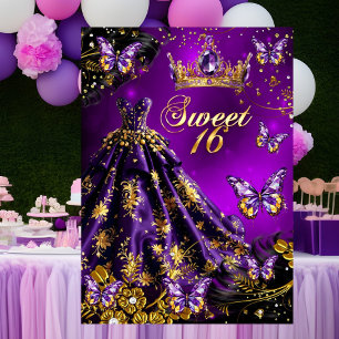 Invitación Dulces 16 cumpleaños vestido púrpura dorado maripo