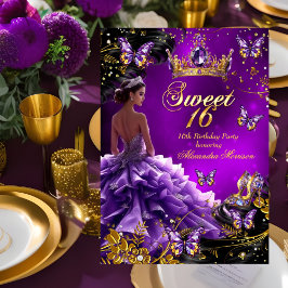 Invitación Dulces 16 cumpleaños vestido púrpura dorado Maripo