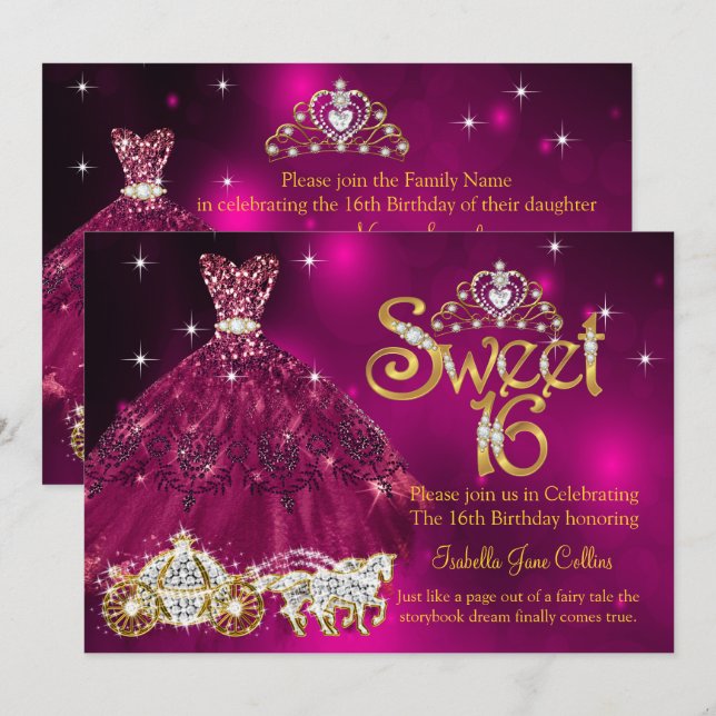 Invitación Dulces 16 Cumpleaños vestido rosa ciruela Tiara Ca (Anverso / Reverso)
