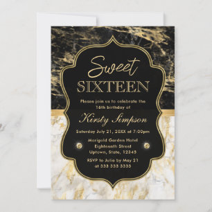Invitación Dulces 16 de mármol negro, blanco y dorado moderno