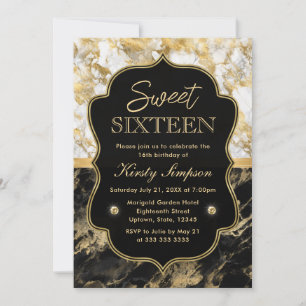 Invitación Dulces 16 de mármol negro, blanco y dorado moderno