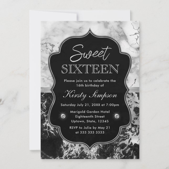 Invitación Dulces 16 de mármol negro, blanco y plateado moder (Anverso)
