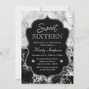 Invitación Dulces 16 de mármol negro, blanco y plateado moder