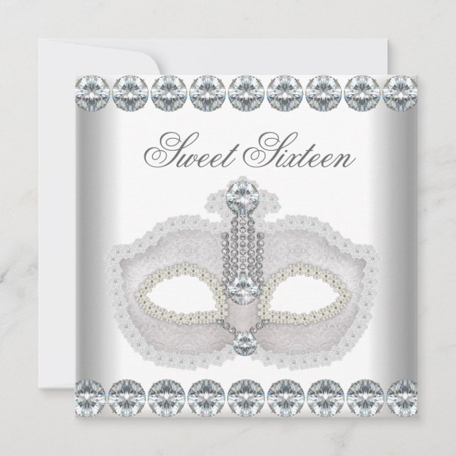 Invitación Dulces 16 Diamantes Blancos Máscara (Anverso)