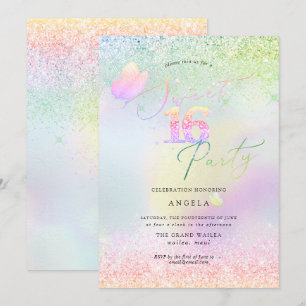 Invitación Dulces 16 Diamantes de Rosa con Brillo Holográfico