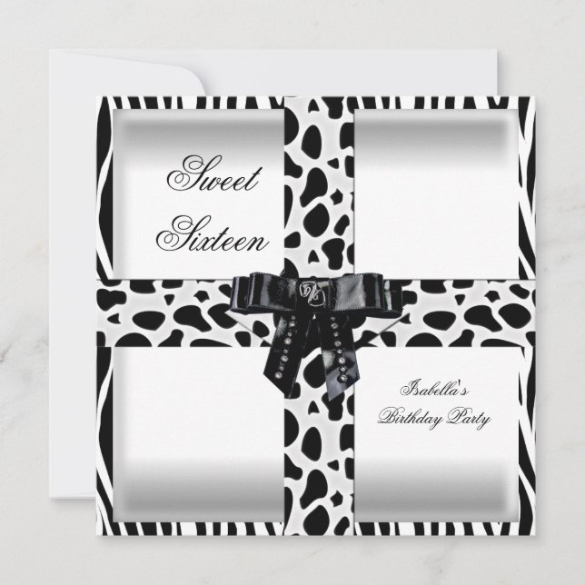 Invitación Dulces 16 Dieciséis 16º Negro Blanco Cebra Jirafa (Anverso)