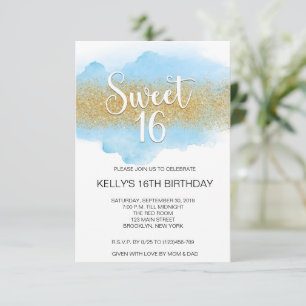 Invitación Dulces 16 Dieciséis Acuarela Azul Moderna
