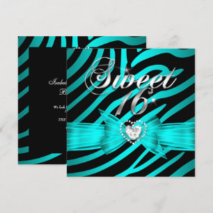 Invitación Dulces 16 Dieciséis Aqua Azul Negro Cebra 2