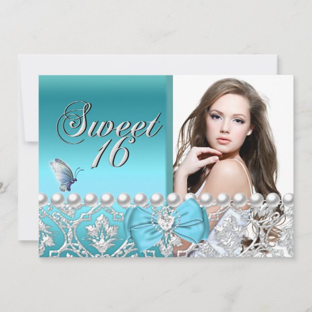 Invitación Dulces 16 Dieciséis Azul Damask Butterfly Agregar  (Anverso)