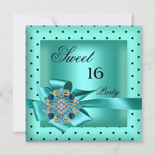 Invitación Dulces 16 Dieciséis Azul Teal Negro Lunares (Anverso)