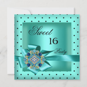 Invitación Dulces 16 Dieciséis Azul Teal Negro Lunares