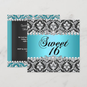 Invitación Dulces 16 Dieciséis Azul Turquesa Aqua Negro Plata