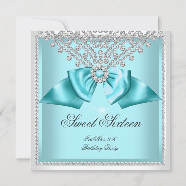Invitación Dulces 16 Dieciséis Azul Turquesa Blanco Diamante  (Anverso)
