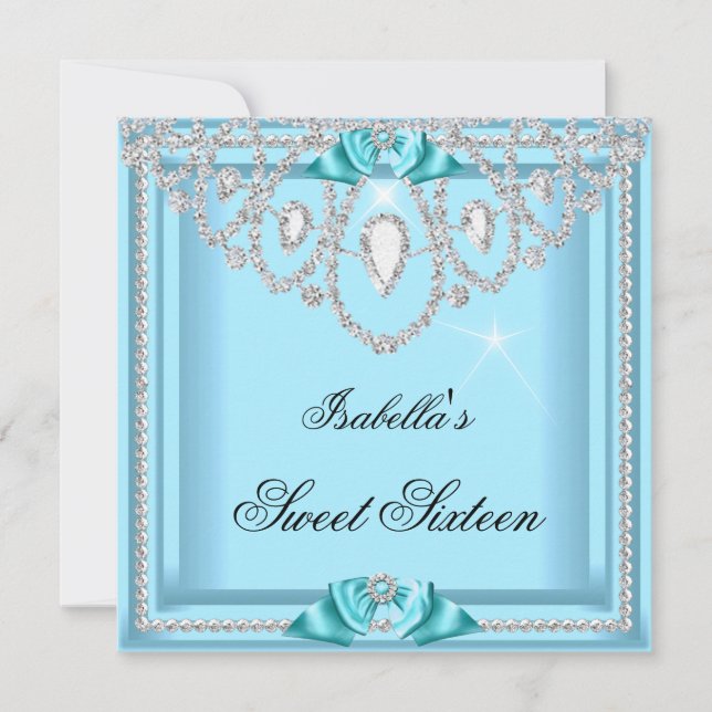 Invitación Dulces 16 Dieciséis Azul Turquesa Plata Diamante F (Anverso)