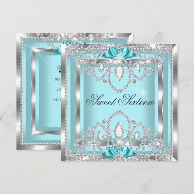 Invitación Dulces 16 Dieciséis Azul Turquesa Plateado Diamant (Anverso / Reverso)