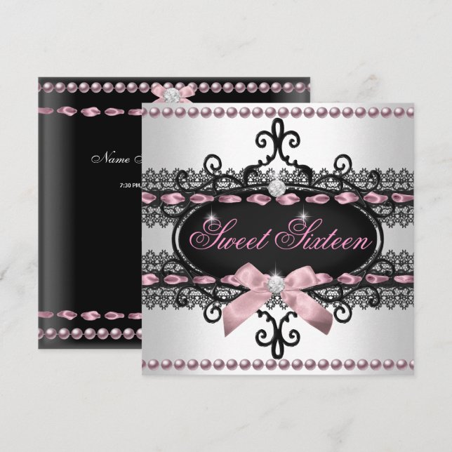 Invitación Dulces 16 Dieciséis Blancas Rosa Negro Encaje Perl (Anverso / Reverso)