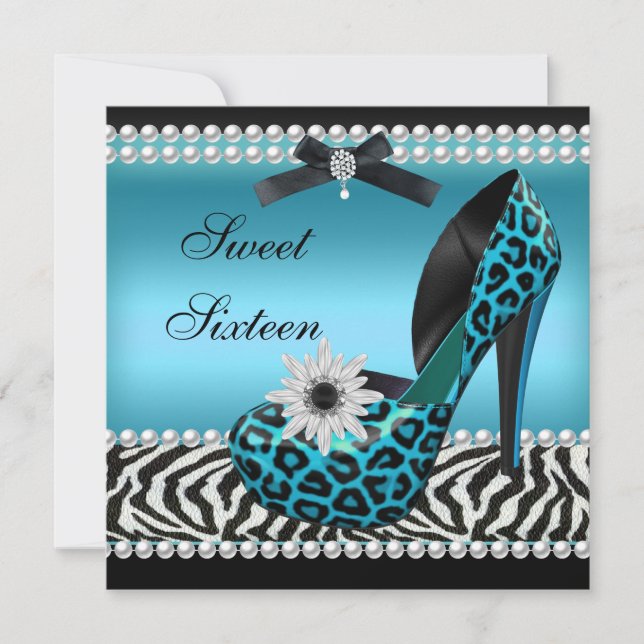 Invitación Dulces 16 Dieciséis Cebra Leopardo Azul Negro (Anverso)