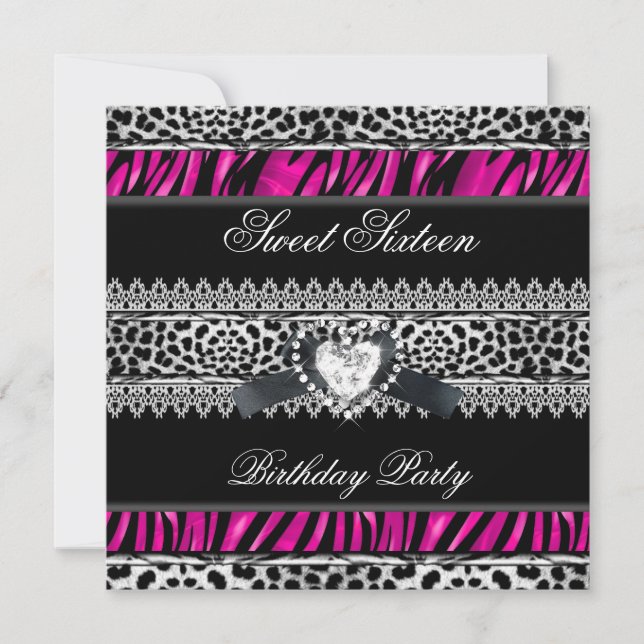 Invitación Dulces 16 Dieciséis Cebra Leopardo Rosa Diamante N (Anverso)