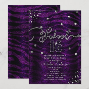 Invitación DULCES 16 Dieciséis Cebra Morada y Plata Brillo