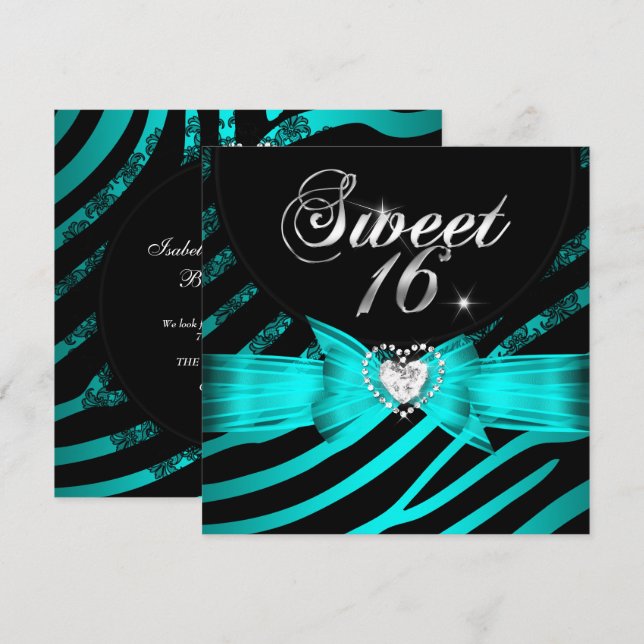 Invitación Dulces 16 Dieciséis Cebra Negra Azul Acuático (Anverso / Reverso)