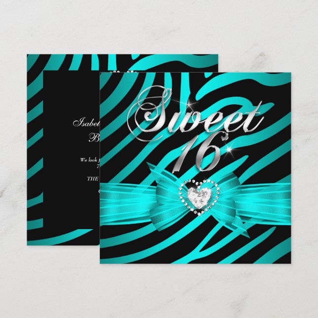 Invitación Dulces 16 Dieciséis Cebra Negra Azul Acuático 2 (Anverso / Reverso)
