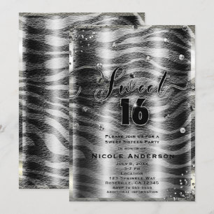 Invitación DULCES 16 Dieciséis Cebra Negra Blanca y Brillo de