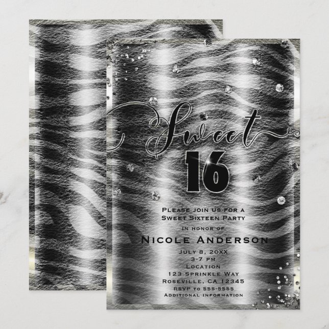 Invitación DULCES 16 Dieciséis Cebra Negra Blanca y Brillo de (Anverso / Reverso)