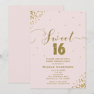 Invitación DULCES 16 Dieciséis Confeti Esquina Rosa y Dorado