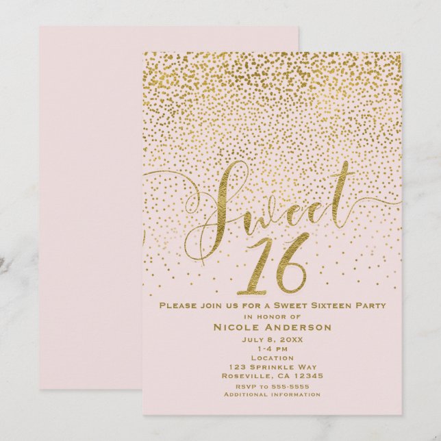Invitación DULCES 16 Dieciséis Confeti Rosa y Dorado (Anverso / Reverso)