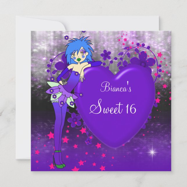 Invitación Dulces 16 Dieciséis Corazón Púrpura Hada Estrellas (Anverso)