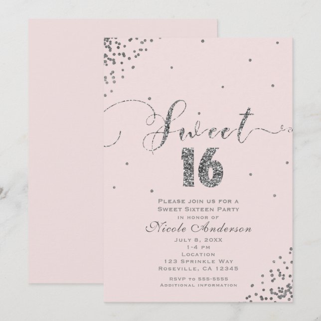 Invitación DULCES 16 Dieciséis Cumpleaños Rosa Plateado Confe (Anverso / Reverso)