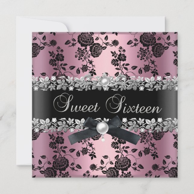 Invitación Dulces 16 Dieciséis Damasco Rosa Negro Floral Plat (Anverso)