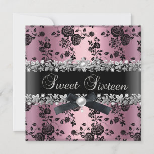 Invitación Dulces 16 Dieciséis Damasco Rosa Negro Floral Plat