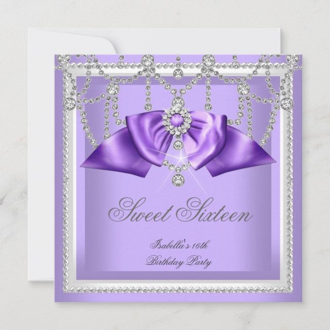 Invitación Dulces 16 Dieciséis Diamante Partido Morado Blanco (Anverso)