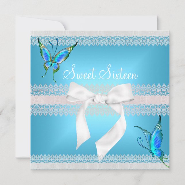 Invitación Dulces 16 Dieciséis Encaje Azul Turquesa Mariposa  (Anverso)