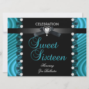 Invitación Dulces 16 Dieciséis Encaje Negro Azul Teal Blanco