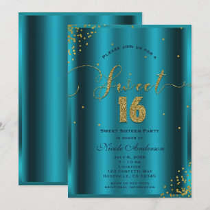 Invitación DULCES 16 Dieciséis Esquinas de Confeti Aqua Azul